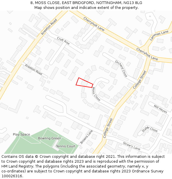 8, MOSS CLOSE, EAST BRIDGFORD, NOTTINGHAM, NG13 8LG: Location map and indicative extent of plot