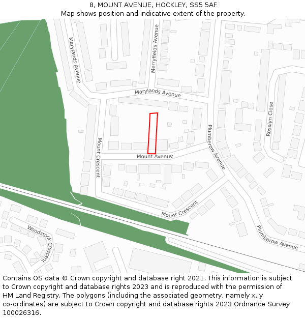 8, MOUNT AVENUE, HOCKLEY, SS5 5AF: Location map and indicative extent of plot