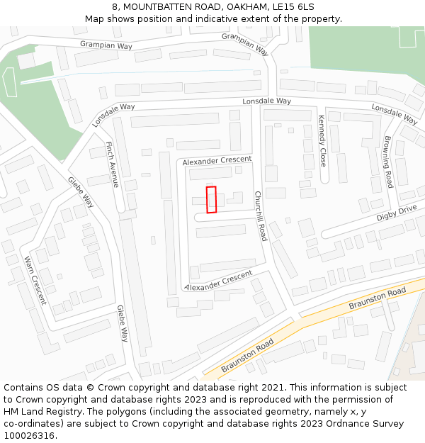 8, MOUNTBATTEN ROAD, OAKHAM, LE15 6LS: Location map and indicative extent of plot