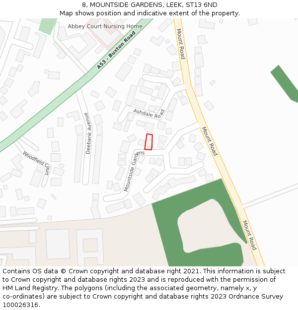 8, MOUNTSIDE GARDENS, LEEK, ST13 6ND: Location map and indicative extent of plot