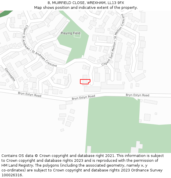 8, MUIRFIELD CLOSE, WREXHAM, LL13 9FX: Location map and indicative extent of plot