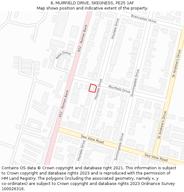 8, MUIRFIELD DRIVE, SKEGNESS, PE25 1AF: Location map and indicative extent of plot