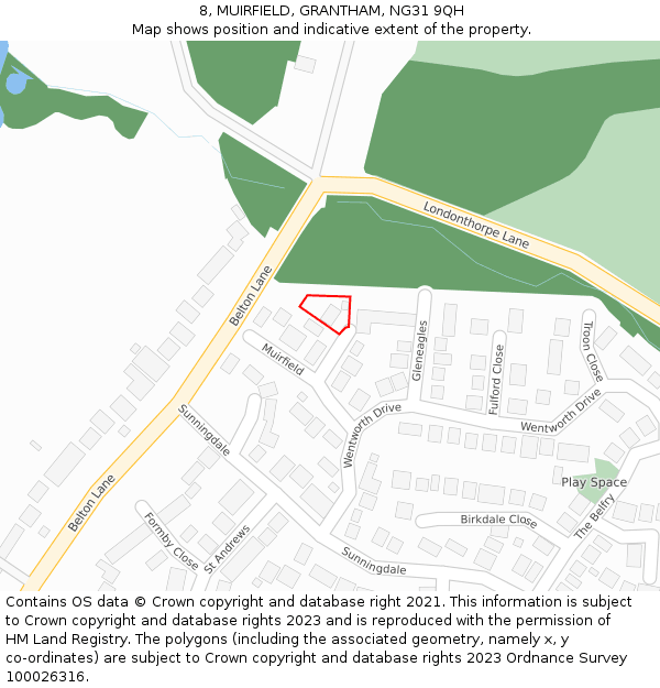 8, MUIRFIELD, GRANTHAM, NG31 9QH: Location map and indicative extent of plot