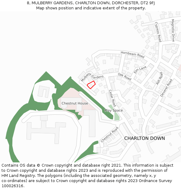 8, MULBERRY GARDENS, CHARLTON DOWN, DORCHESTER, DT2 9FJ: Location map and indicative extent of plot