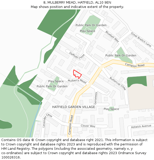 8, MULBERRY MEAD, HATFIELD, AL10 9EN: Location map and indicative extent of plot