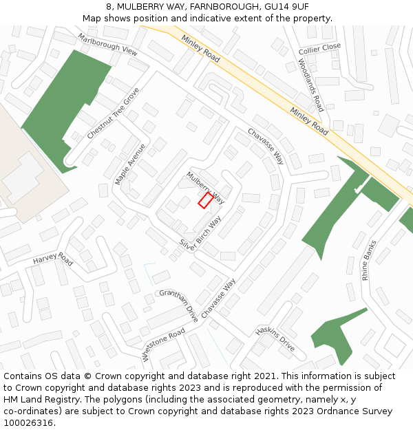 8, MULBERRY WAY, FARNBOROUGH, GU14 9UF: Location map and indicative extent of plot