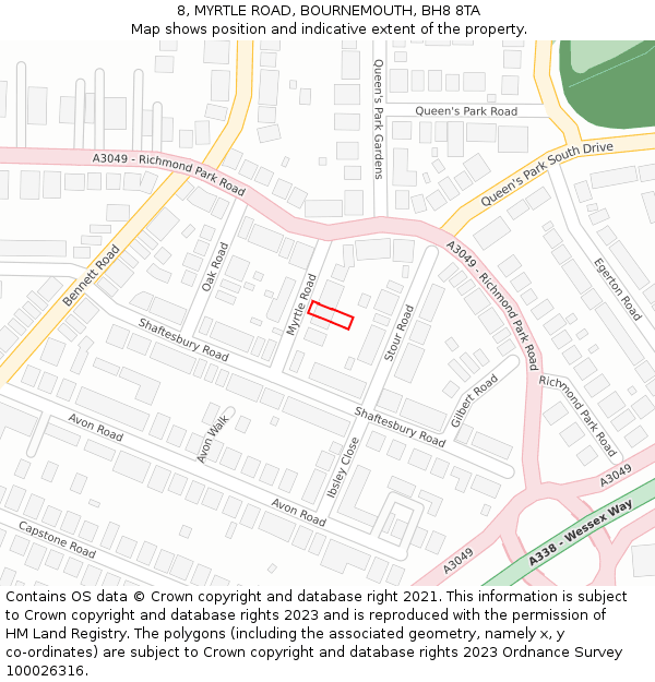 8, MYRTLE ROAD, BOURNEMOUTH, BH8 8TA: Location map and indicative extent of plot
