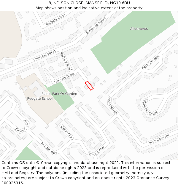 8, NELSON CLOSE, MANSFIELD, NG19 6BU: Location map and indicative extent of plot