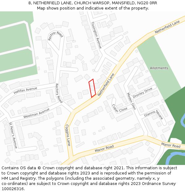 8, NETHERFIELD LANE, CHURCH WARSOP, MANSFIELD, NG20 0RR: Location map and indicative extent of plot
