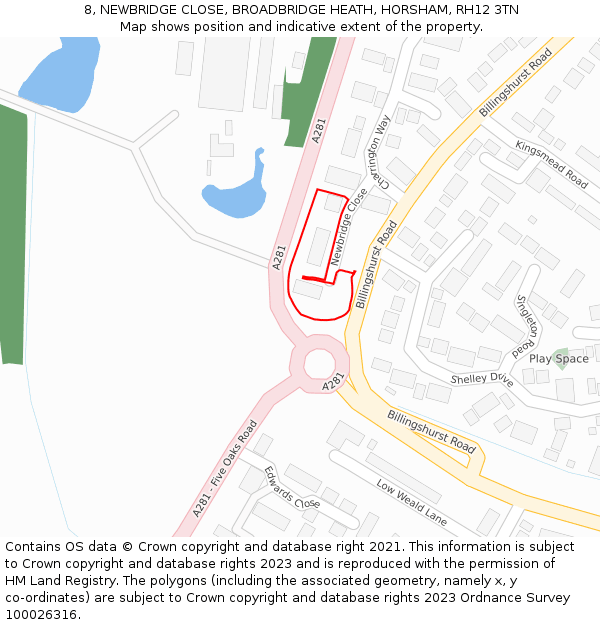 8, NEWBRIDGE CLOSE, BROADBRIDGE HEATH, HORSHAM, RH12 3TN: Location map and indicative extent of plot