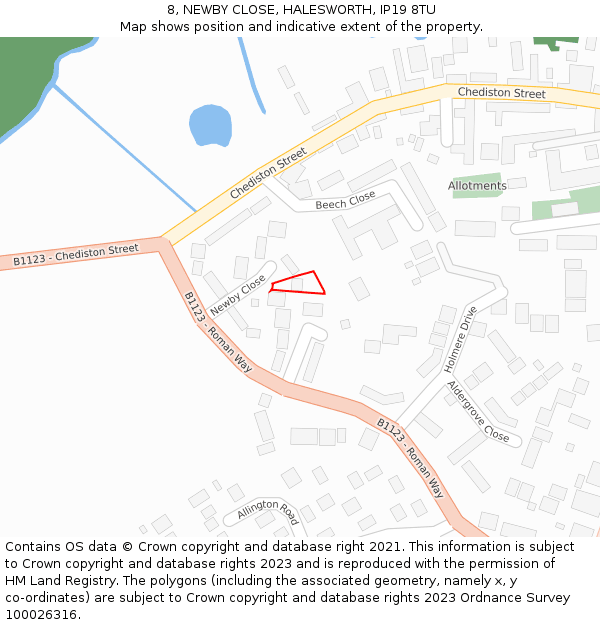 8, NEWBY CLOSE, HALESWORTH, IP19 8TU: Location map and indicative extent of plot
