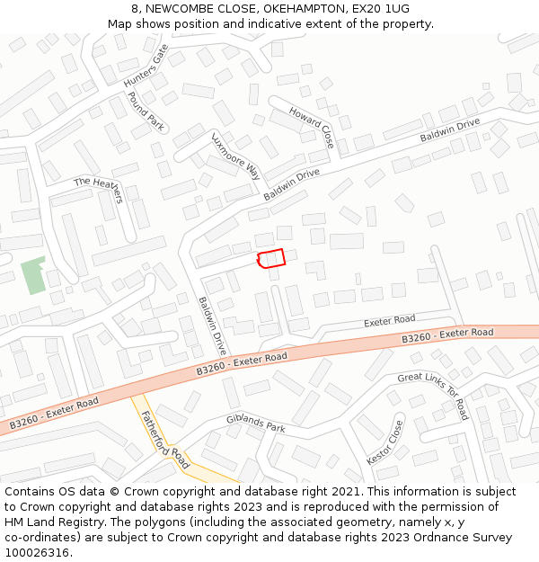 8, NEWCOMBE CLOSE, OKEHAMPTON, EX20 1UG: Location map and indicative extent of plot