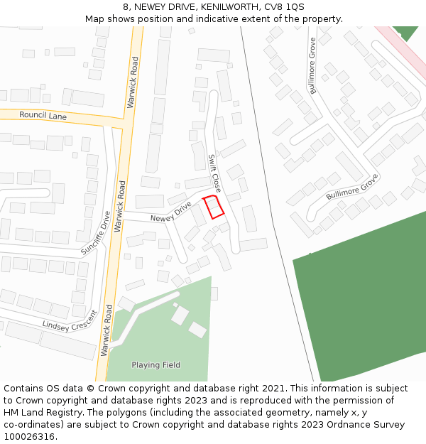 8, NEWEY DRIVE, KENILWORTH, CV8 1QS: Location map and indicative extent of plot