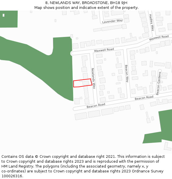 8, NEWLANDS WAY, BROADSTONE, BH18 9JH: Location map and indicative extent of plot