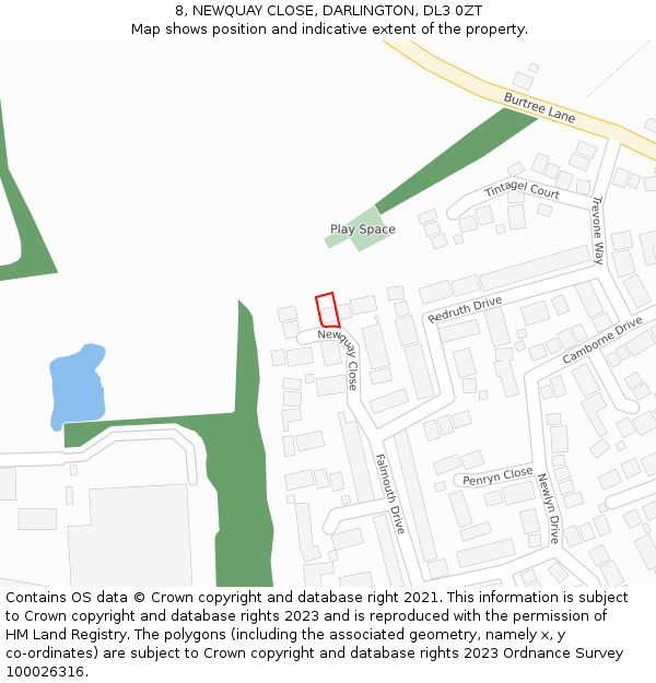 8, NEWQUAY CLOSE, DARLINGTON, DL3 0ZT: Location map and indicative extent of plot