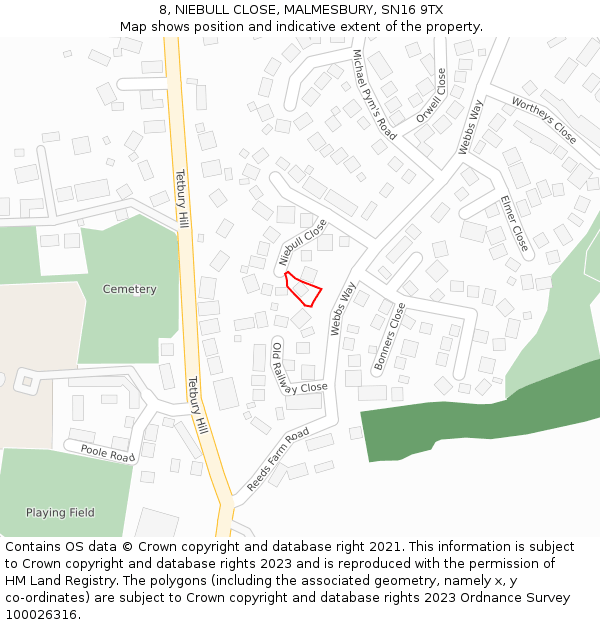 8, NIEBULL CLOSE, MALMESBURY, SN16 9TX: Location map and indicative extent of plot