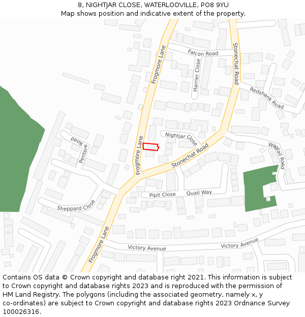 8, NIGHTJAR CLOSE, WATERLOOVILLE, PO8 9YU: Location map and indicative extent of plot