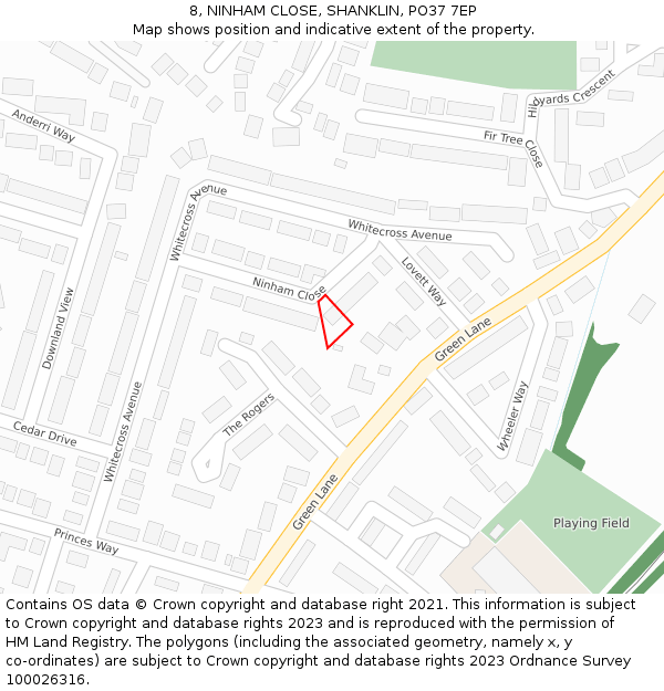 8, NINHAM CLOSE, SHANKLIN, PO37 7EP: Location map and indicative extent of plot