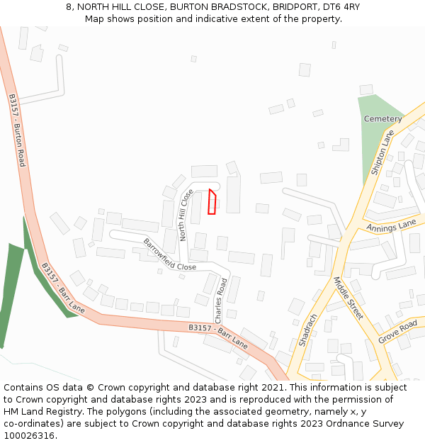 8, NORTH HILL CLOSE, BURTON BRADSTOCK, BRIDPORT, DT6 4RY: Location map and indicative extent of plot
