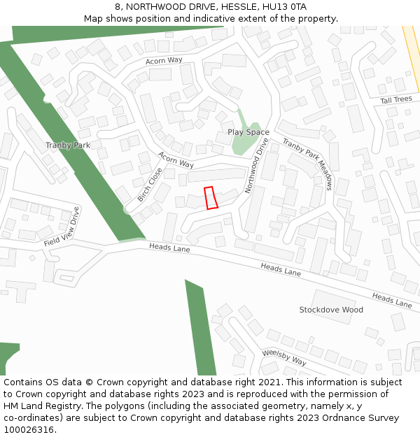 8, NORTHWOOD DRIVE, HESSLE, HU13 0TA: Location map and indicative extent of plot