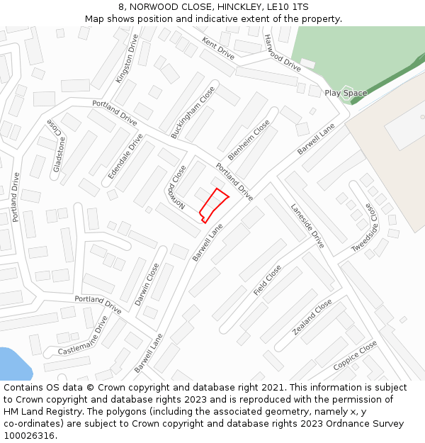 8, NORWOOD CLOSE, HINCKLEY, LE10 1TS: Location map and indicative extent of plot