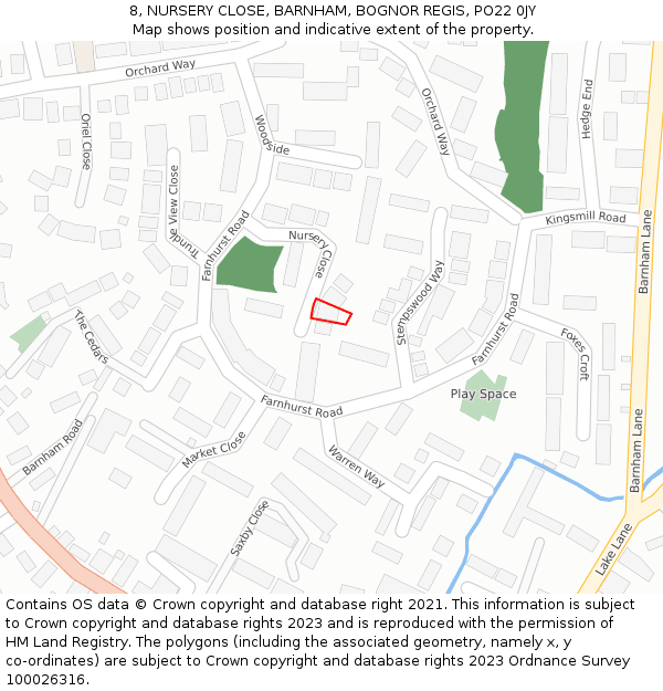 8, NURSERY CLOSE, BARNHAM, BOGNOR REGIS, PO22 0JY: Location map and indicative extent of plot