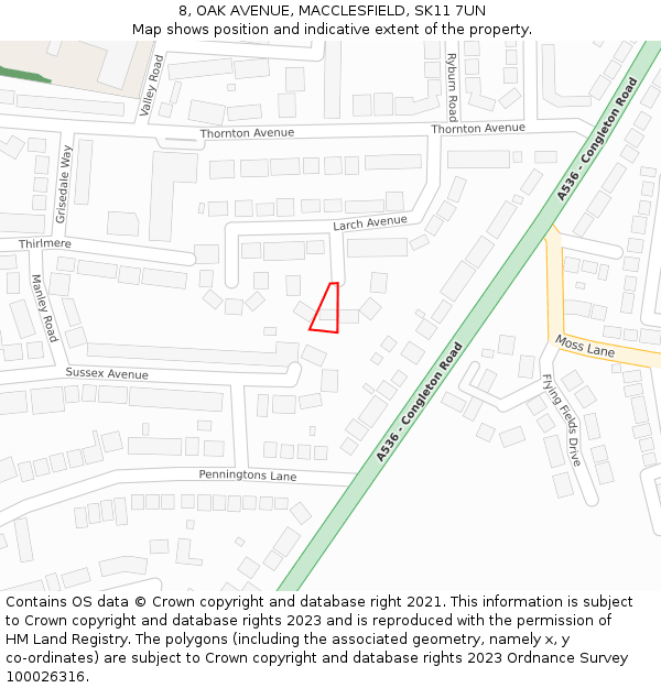 8, OAK AVENUE, MACCLESFIELD, SK11 7UN: Location map and indicative extent of plot