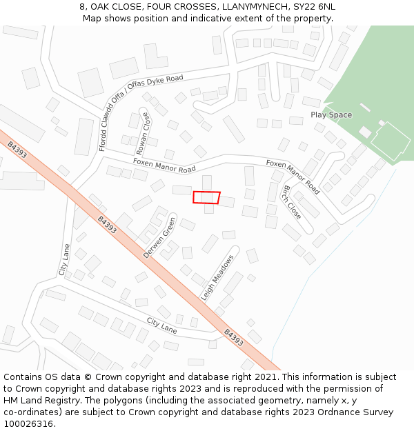 8, OAK CLOSE, FOUR CROSSES, LLANYMYNECH, SY22 6NL: Location map and indicative extent of plot