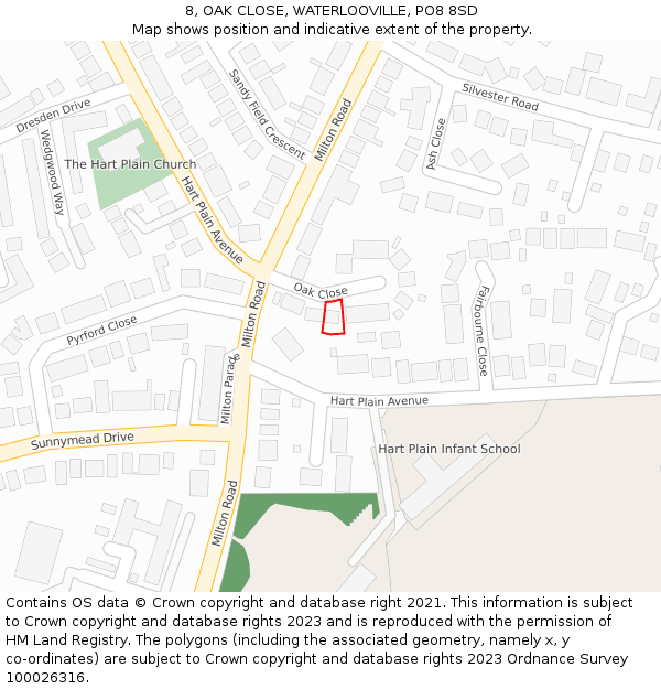 8, OAK CLOSE, WATERLOOVILLE, PO8 8SD: Location map and indicative extent of plot