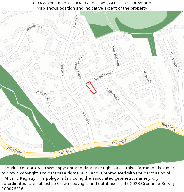 8, OAKDALE ROAD, BROADMEADOWS, ALFRETON, DE55 3PA: Location map and indicative extent of plot