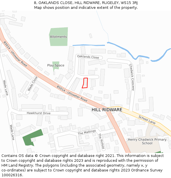 8, OAKLANDS CLOSE, HILL RIDWARE, RUGELEY, WS15 3RJ: Location map and indicative extent of plot