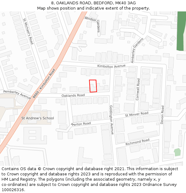 8, OAKLANDS ROAD, BEDFORD, MK40 3AG: Location map and indicative extent of plot