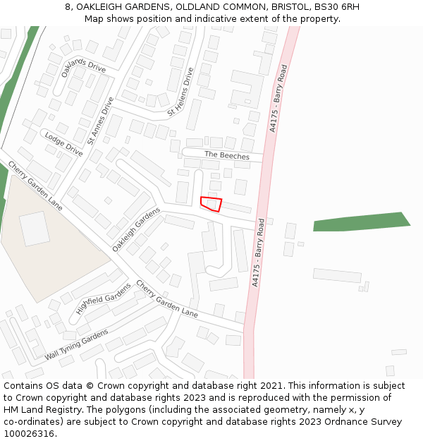 8, OAKLEIGH GARDENS, OLDLAND COMMON, BRISTOL, BS30 6RH: Location map and indicative extent of plot