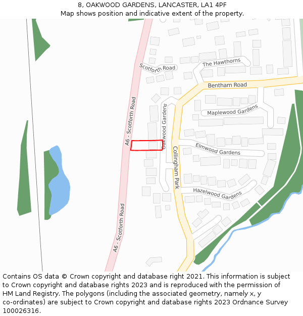 8, OAKWOOD GARDENS, LANCASTER, LA1 4PF: Location map and indicative extent of plot