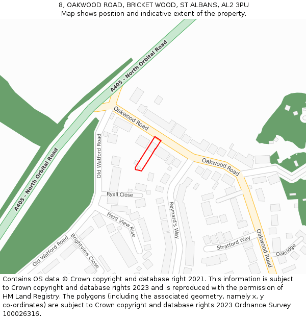 8, OAKWOOD ROAD, BRICKET WOOD, ST ALBANS, AL2 3PU: Location map and indicative extent of plot