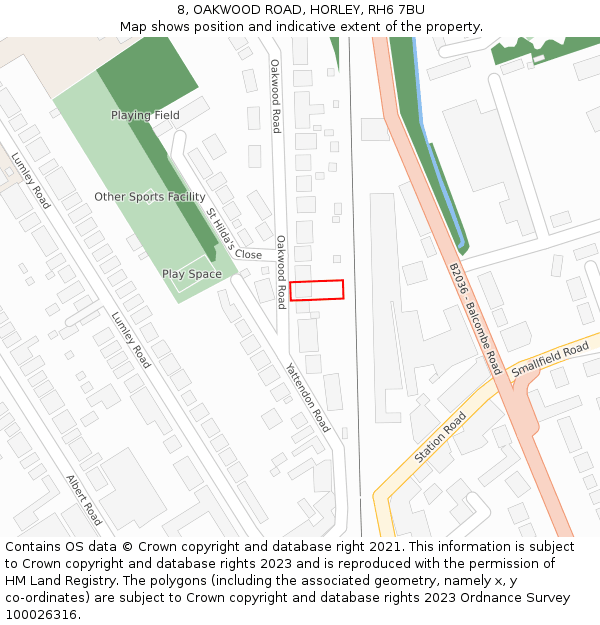 8, OAKWOOD ROAD, HORLEY, RH6 7BU: Location map and indicative extent of plot