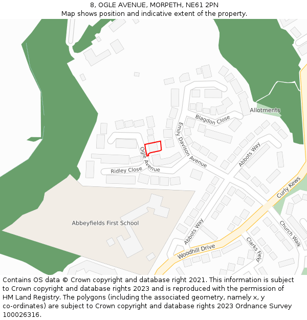 8, OGLE AVENUE, MORPETH, NE61 2PN: Location map and indicative extent of plot