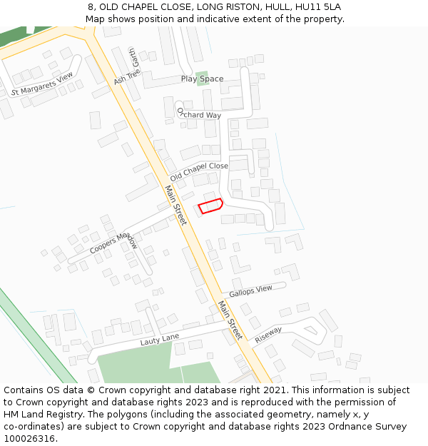 8, OLD CHAPEL CLOSE, LONG RISTON, HULL, HU11 5LA: Location map and indicative extent of plot