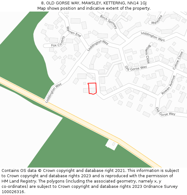 8, OLD GORSE WAY, MAWSLEY, KETTERING, NN14 1GJ: Location map and indicative extent of plot