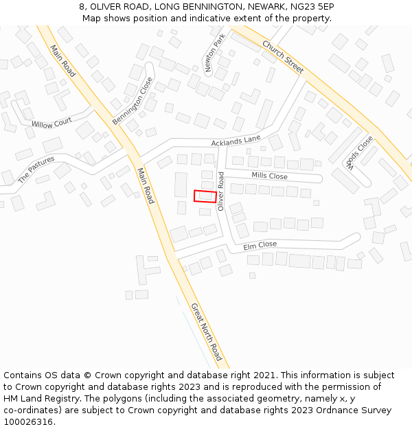 8, OLIVER ROAD, LONG BENNINGTON, NEWARK, NG23 5EP: Location map and indicative extent of plot