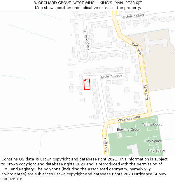 8, ORCHARD GROVE, WEST WINCH, KING'S LYNN, PE33 0JZ: Location map and indicative extent of plot
