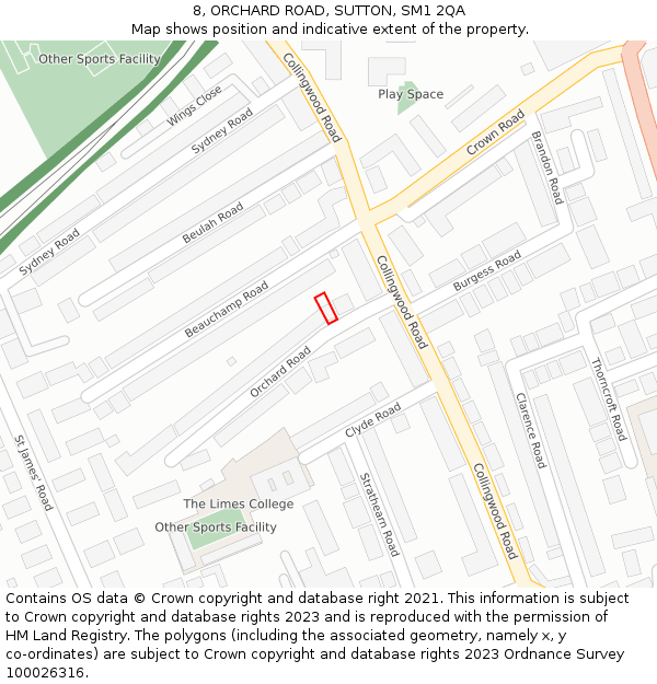 8, ORCHARD ROAD, SUTTON, SM1 2QA: Location map and indicative extent of plot