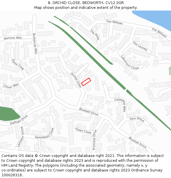 8, ORCHID CLOSE, BEDWORTH, CV12 0GR: Location map and indicative extent of plot