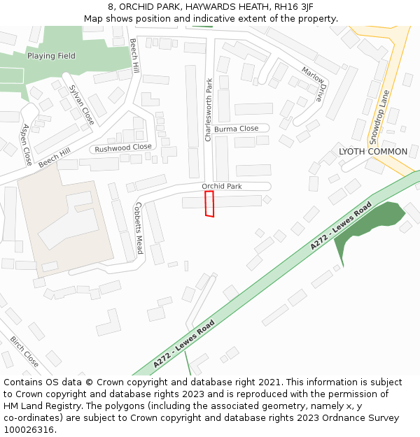 8, ORCHID PARK, HAYWARDS HEATH, RH16 3JF: Location map and indicative extent of plot