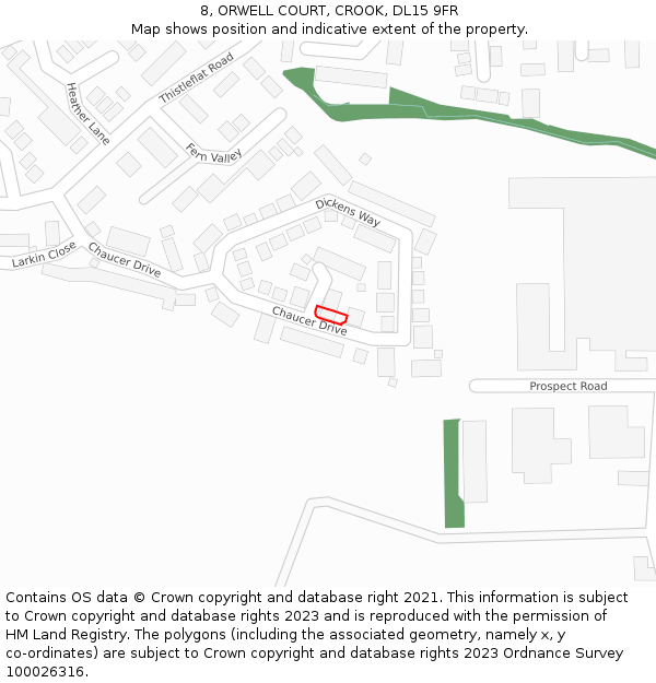 8, ORWELL COURT, CROOK, DL15 9FR: Location map and indicative extent of plot