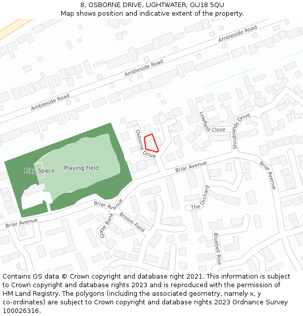 8, OSBORNE DRIVE, LIGHTWATER, GU18 5QU: Location map and indicative extent of plot