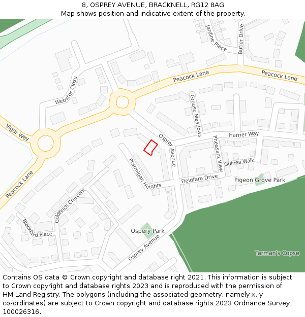 8, OSPREY AVENUE, BRACKNELL, RG12 8AG: Location map and indicative extent of plot
