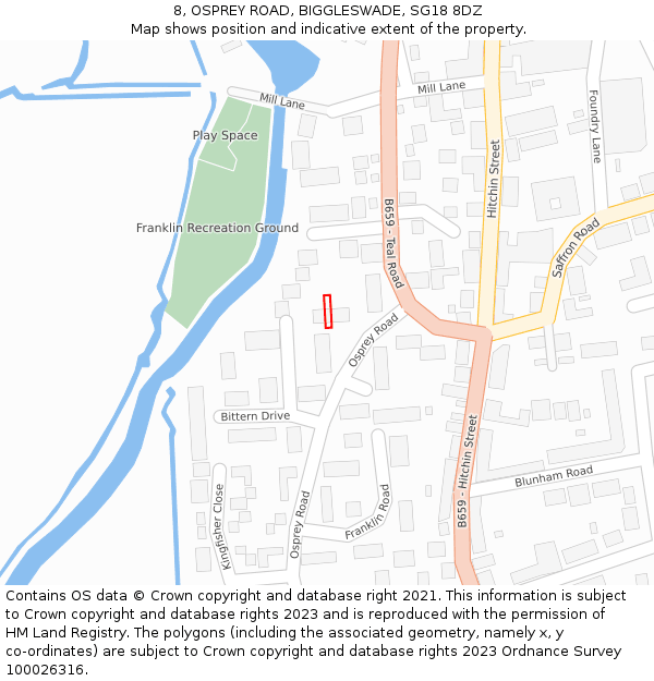 8, OSPREY ROAD, BIGGLESWADE, SG18 8DZ: Location map and indicative extent of plot