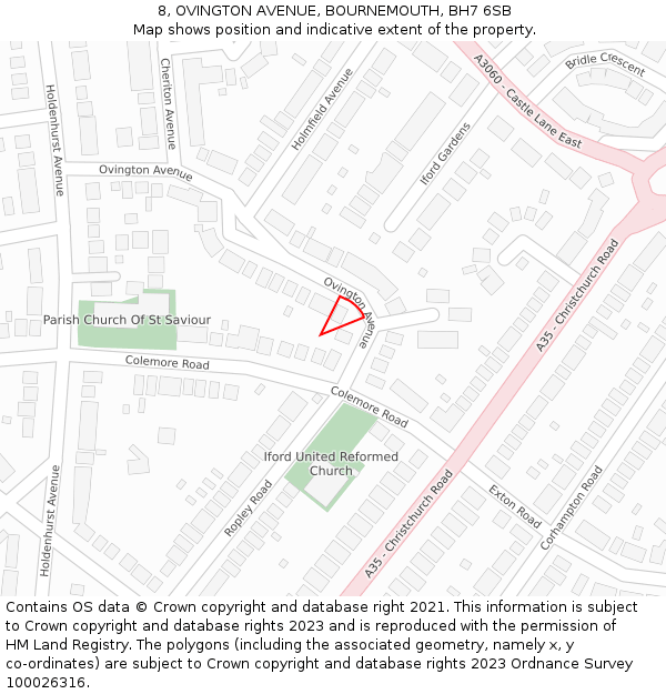 8, OVINGTON AVENUE, BOURNEMOUTH, BH7 6SB: Location map and indicative extent of plot