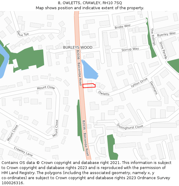 8, OWLETTS, CRAWLEY, RH10 7SQ: Location map and indicative extent of plot